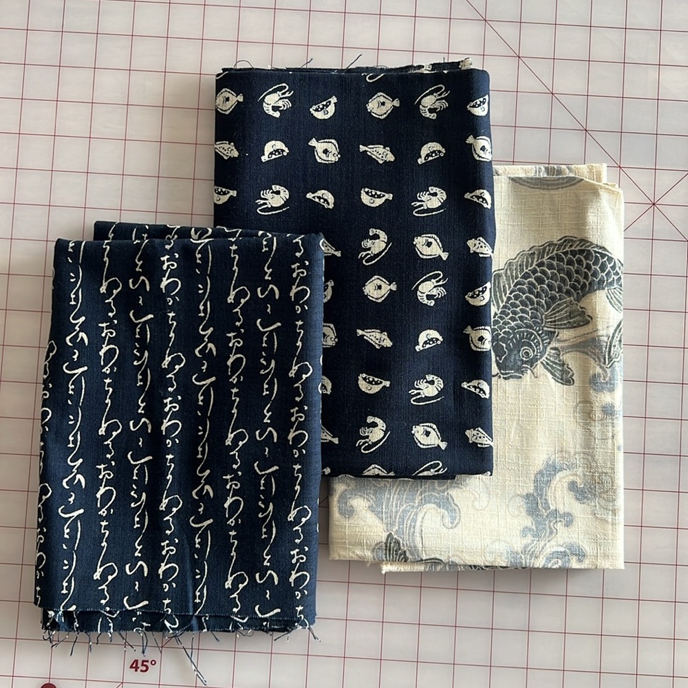 Set of 3 blue fabrics from Japan vintage